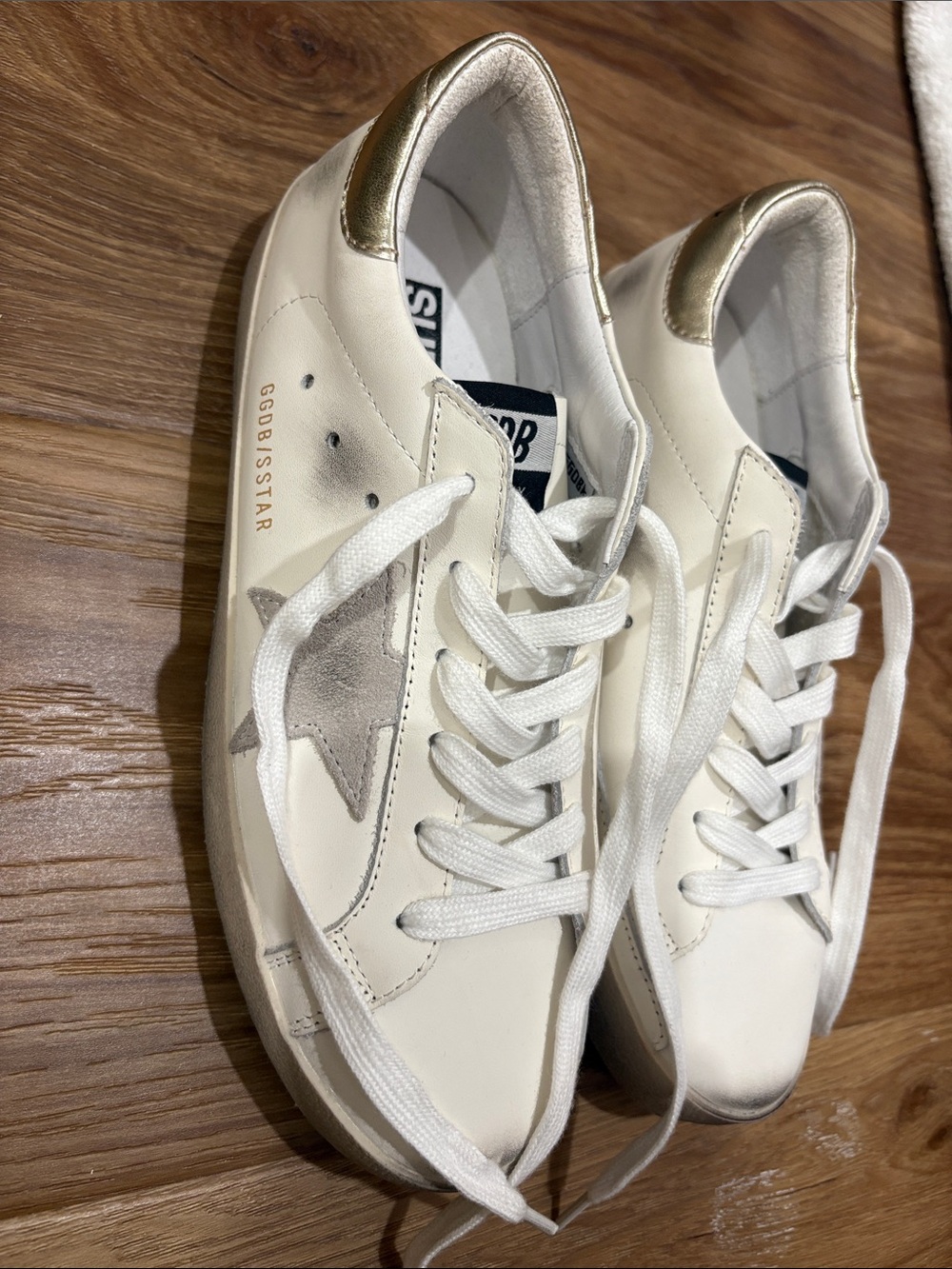 Golden Goose White Leather Sneakers with Silver Star and Gold Heel